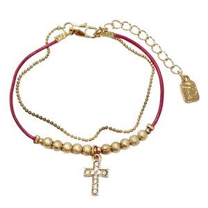 Gold Crytal Cross Charm Bracelet Plated Adjustable Plated 7-9" Chain Cord Dainty
